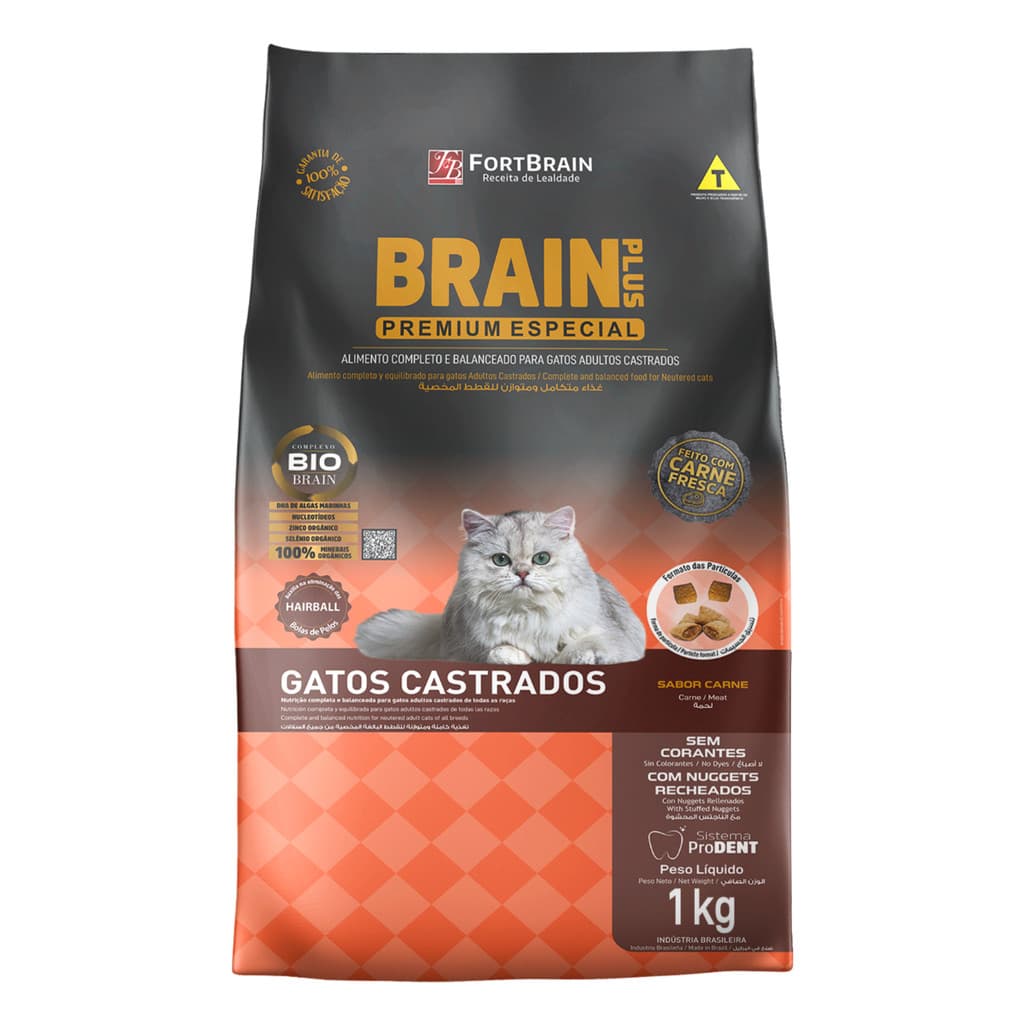 Ração Brain Plus Gato Castrado 1 Kg Sabor Carne c/Nuggets