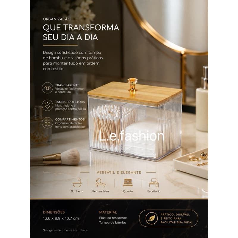 Organizador de Algodão e Cotonetes em Acrílico com Tampa de Bambu