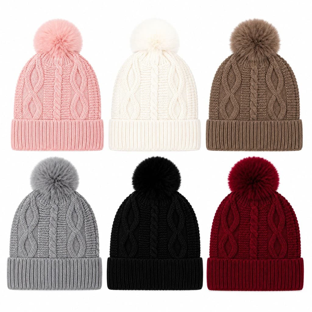 Touca Feminina Forrada Peluciada com Pompom Gorro de Tricô Quentinho Touca de Frio Feminina Elegante