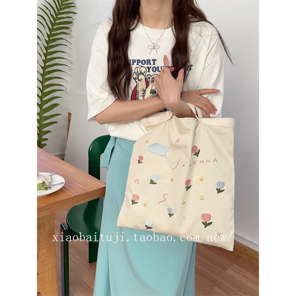 Pequeno coelho branco mesa bordado flor Casual estilo preguiçoso ins literário mão-transporte bolsa de ombro bolsa de co