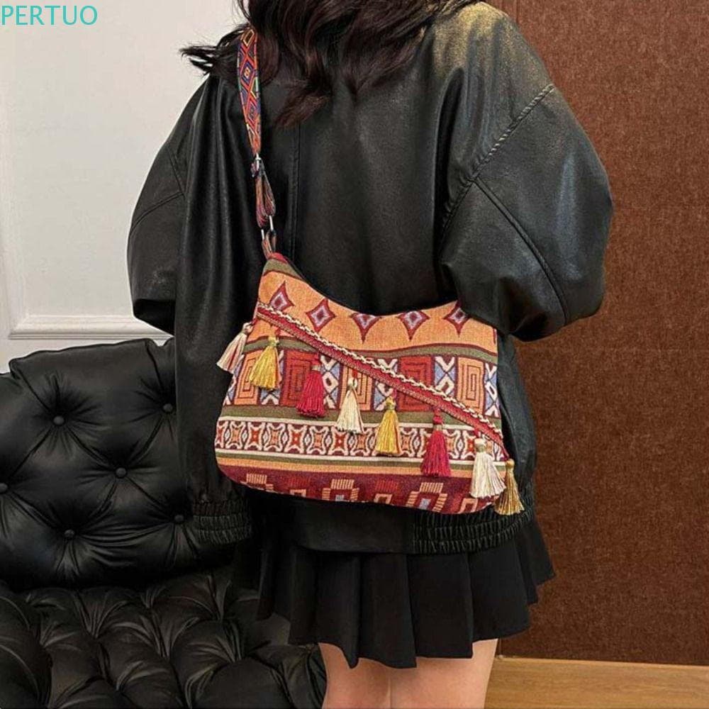 Bolsa De Ombro Com Franjas PERTUO , Mensageiro De Grande Capacidade , Estilo Étnico Crossbody , Geométrica