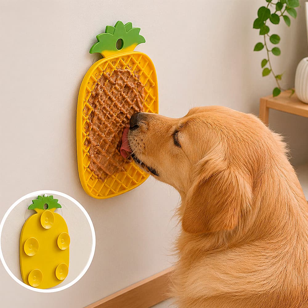 Comedouro Lento de Parede Silicone Abacaxi Pineapple Pet Ventosa Antiestresse Alimentacao Lenta
