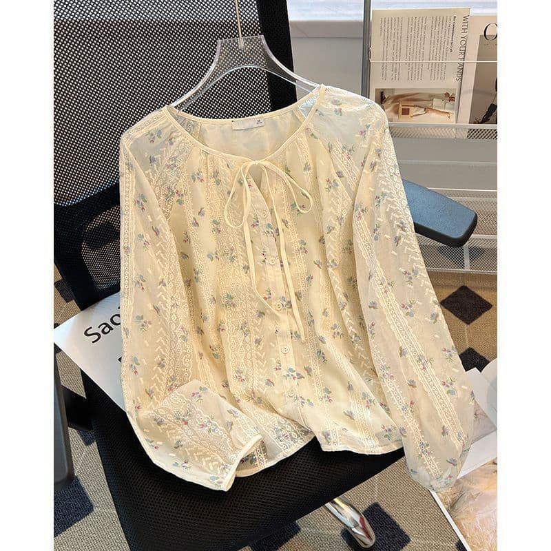 Camisa de Chiffon de manga comprida Floral francesa feminina solta mais fina aparência estilo ocidental redução de idade