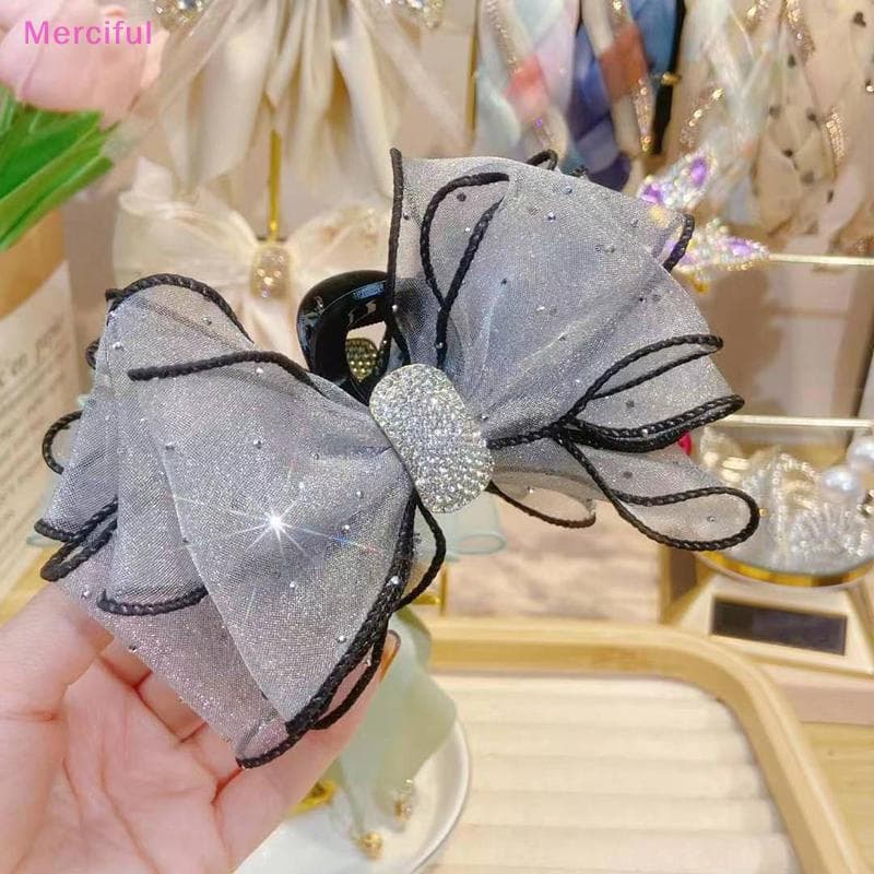 [Mer] Estilo Coreano Malha Arco Strass Garra De Cabelo Vintage Elegante Grampo Grampos De Tubarão Para Mulheres Moda Ace