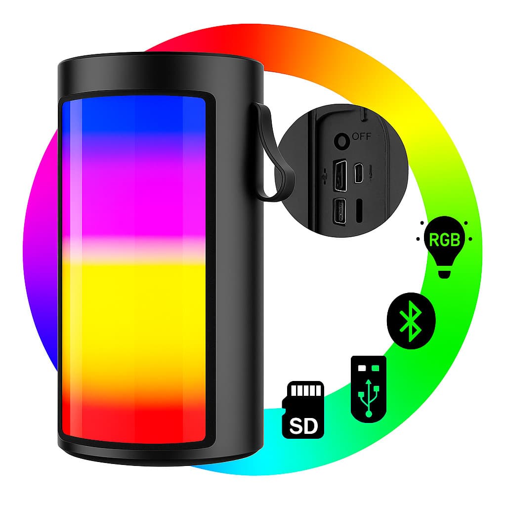 Caixa de Som Portátil 10W com LED RGB, Bluetooth, USB e SD – Super Potente