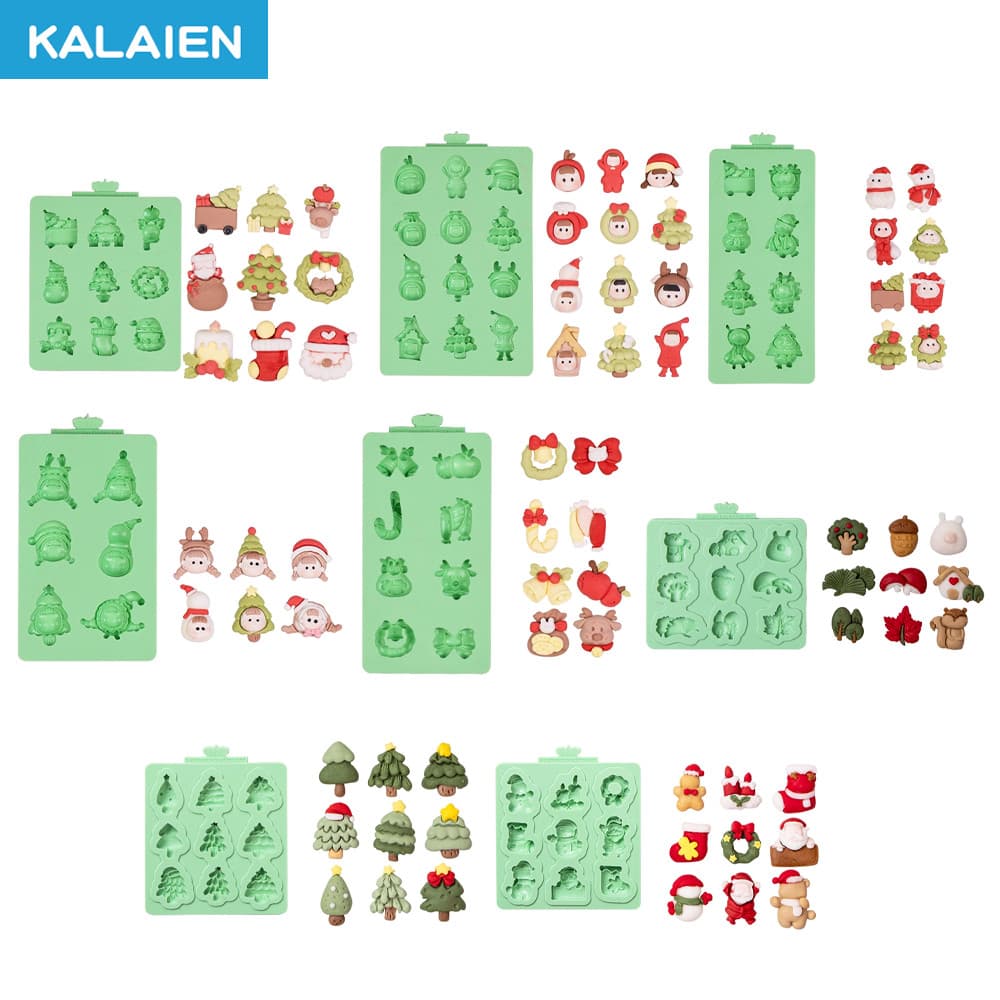 KALAIEN Molde de Silicone para Fondant com 8 Padrões Temáticos de Natal, Papai Noel, Árvore, Pinha, Guirlanda, Molde Mul