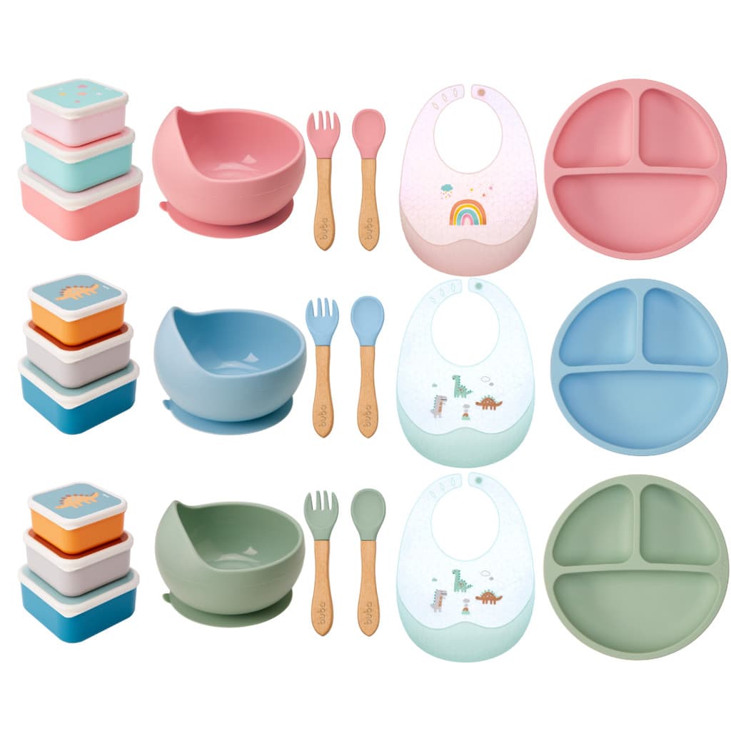 Kit Introdução Alimentar Magic Silicone Buba Babador, Prato, Bowl, Talheres de Bambu e 3 Potinhos