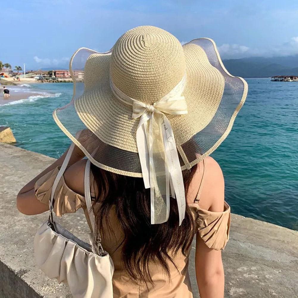 Chapéu De Sol De Aba Grande Para Mulheres Moda Arco Praia Palha À Beira-Mar Z7u9