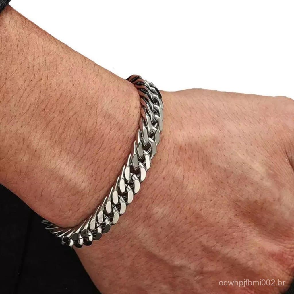 Pulseira Grossa Masculina Elo Duplo Aço Inox Cirúrgico Legítimo Prata Original