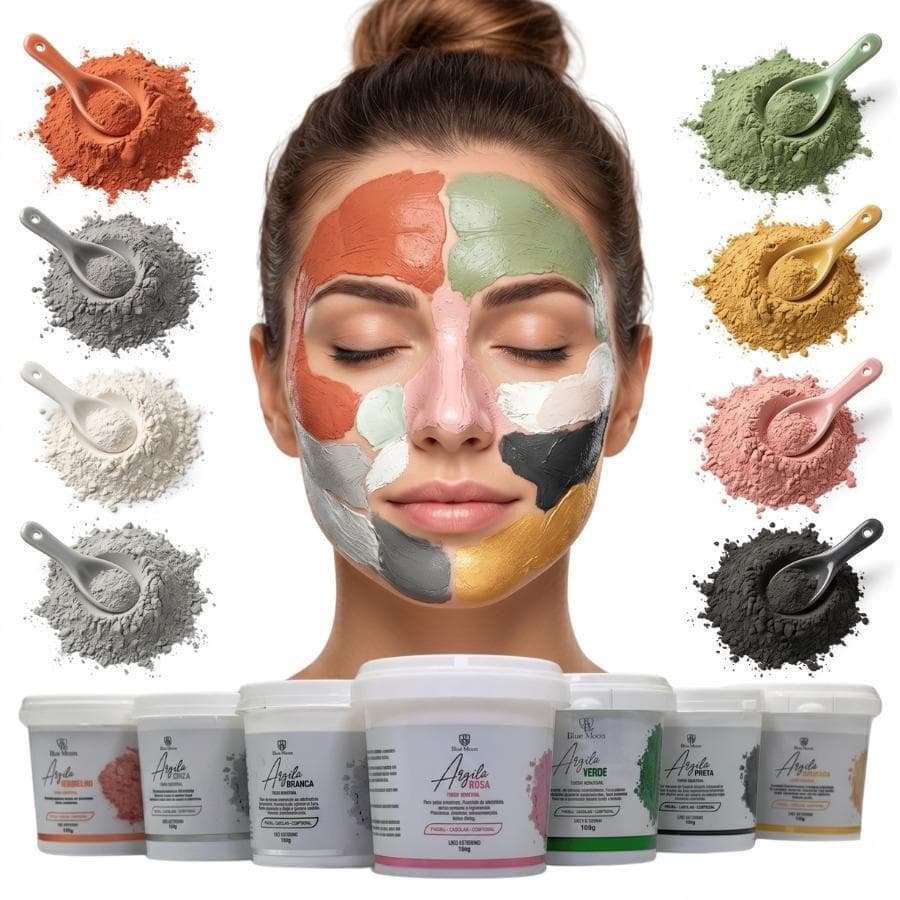 Kit 3 Argilas em PÓ Naturais Blue Moon - Capilar Facial Corporal Pele Oleosa Acneica Ação Clareadora