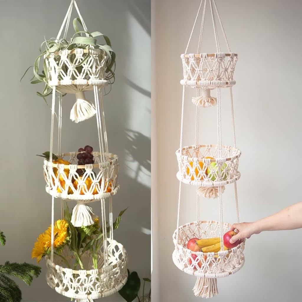 Corda de algodão tecido à mão tapeçaria anel de bambu Net bolso frutas pendurado cesta estilo boêmio decorativo planta c