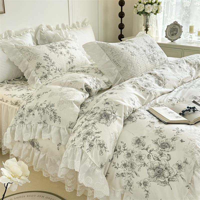 Coisas boas em algodão francês algodão renda acolchoada saia de cama conjunto de quatro peças puro algodão estilo Pastor
