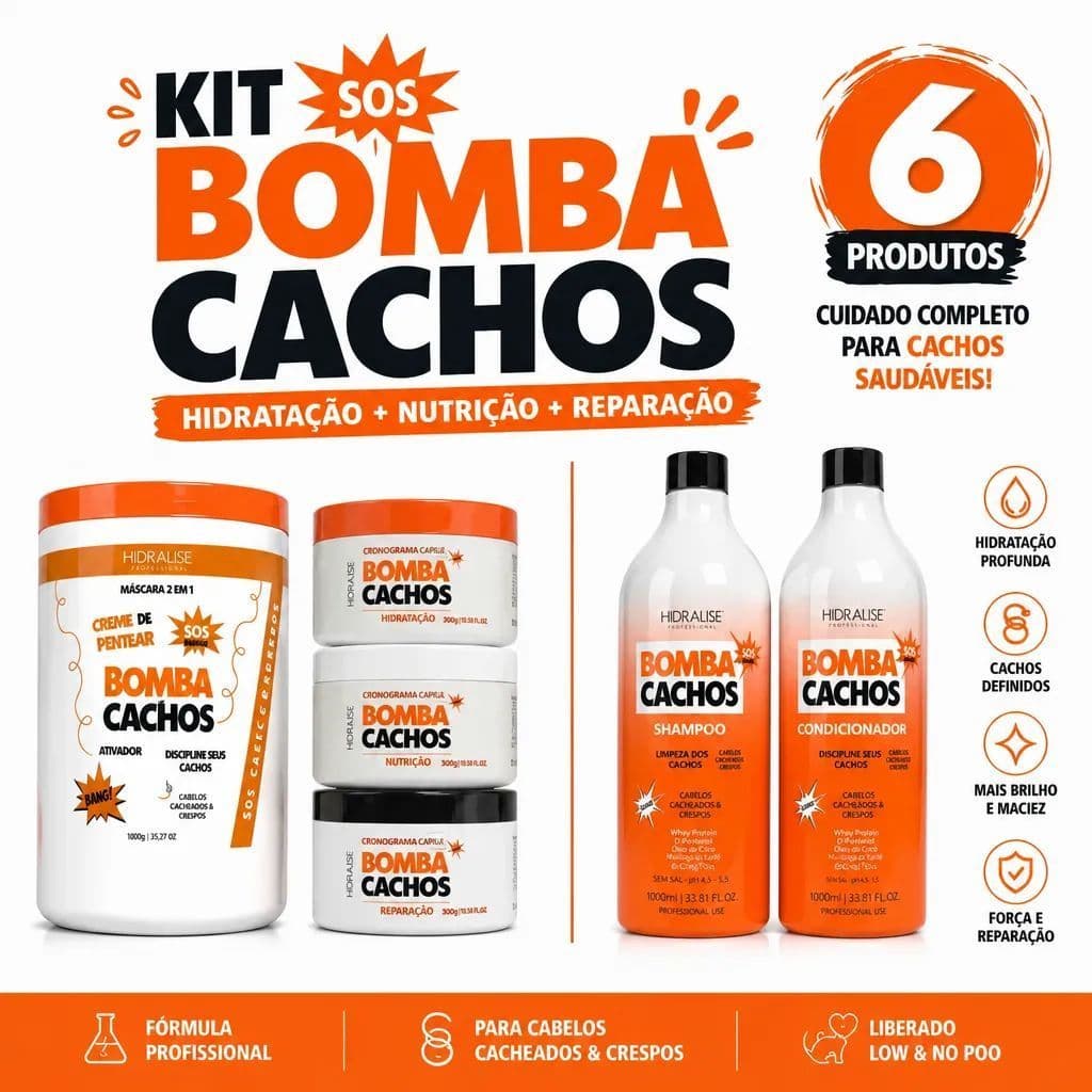 Kit Com 6 Bomba Cachos Perfeitos Shampoo Condicionador Máscaras e Creme