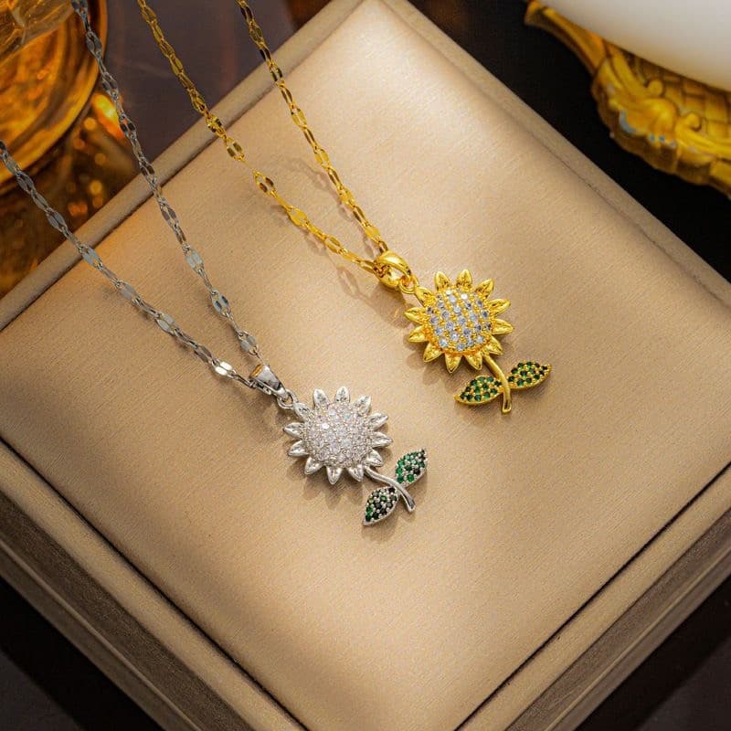 Colar de pingente de girassol de luxo com pedras sintéticas, banhado a ouro 18K, base de cobre, mosaico de zircônia tema
