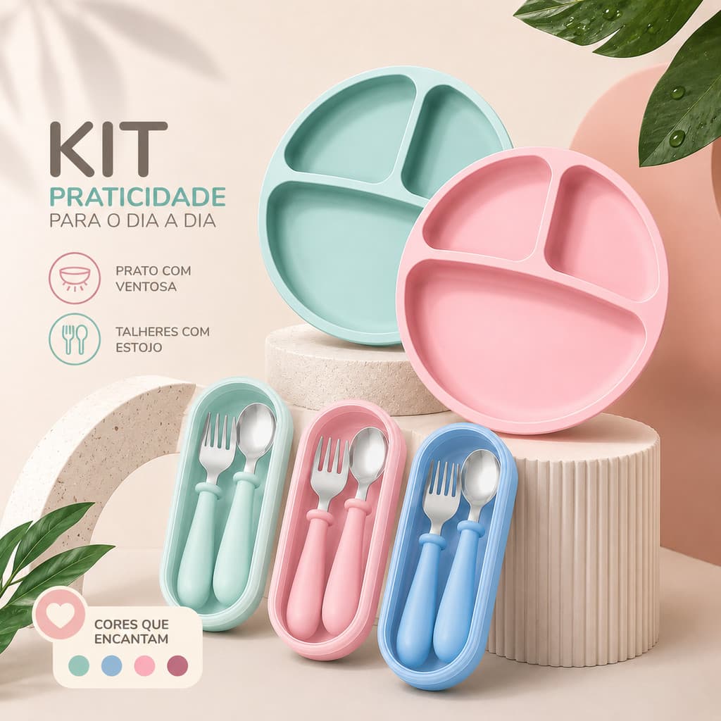 Kit Prato Infantil Silicone Com Ventosa E Talheres Introducao Alimentar