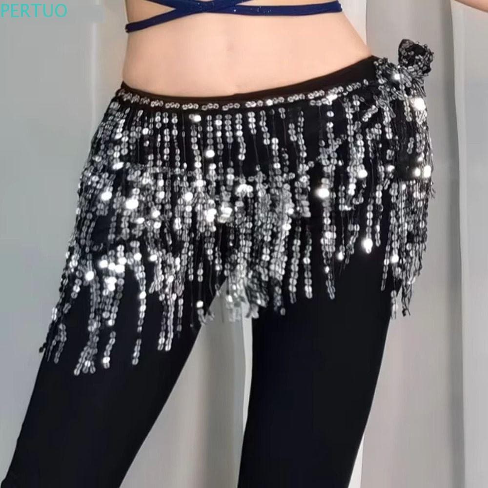 PERTUO Lenço De Quadril Para Dança Do Ventre , Borla Brilhante Lantejoulas Saia De Cintos De Cintura , Correntes Feminin