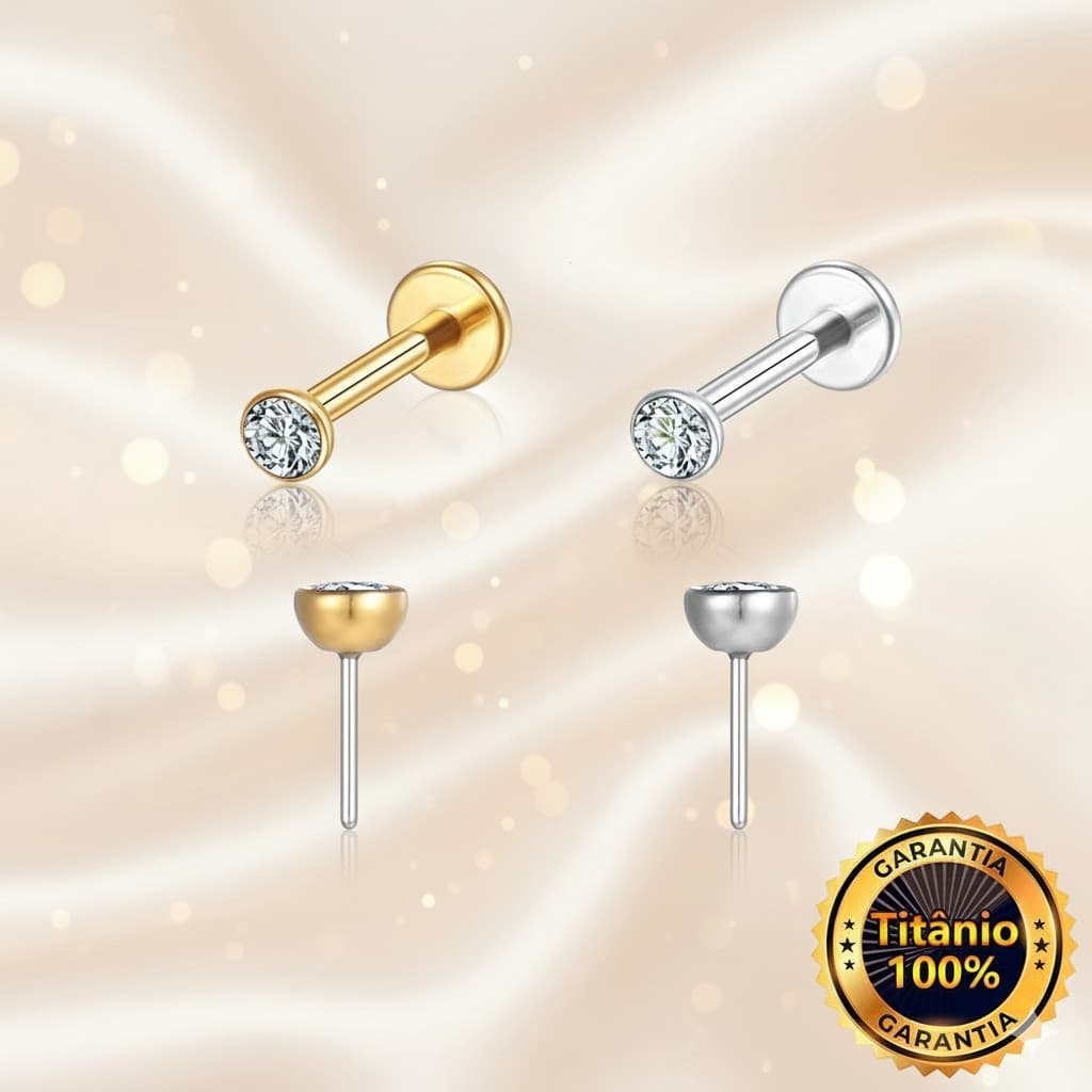 Piercing Aço Cirúrgico Push Pin com Pedra Cristal Zircônia Helix, Tragus, Conch, Nariz, Outros.
