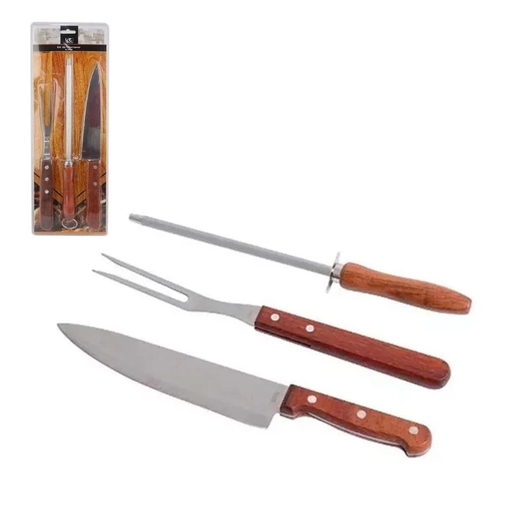 Conjunto de Churrasco com Faca, Garfo e Chaira Amolador com Cabo de Madeira