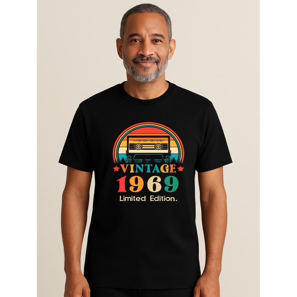 Camiseta Preta Casual  Fita Vintage Limited Editom Ano 1969