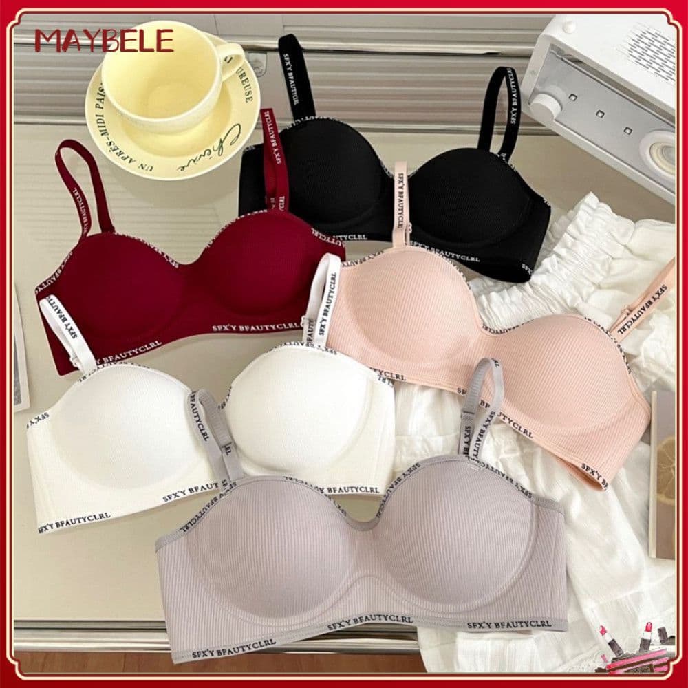Sutiã feminino sem costura com bojo franzido e estampa de letras, respirável, fino e discreto, sem aro, simples e