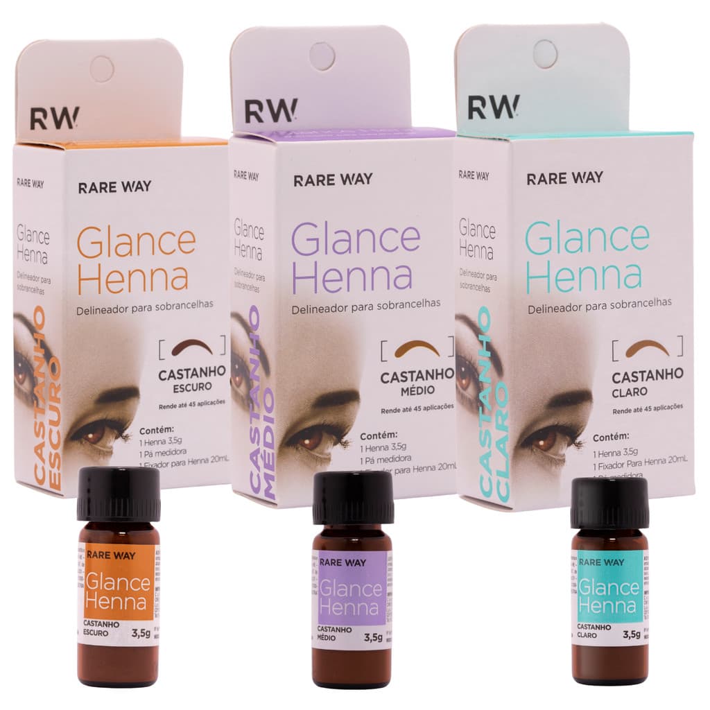 Kit 3 Henna Para Sobrancelhas com Fixador e Medidor Glance Rare Way - Castanho Claro Médio e Escuro