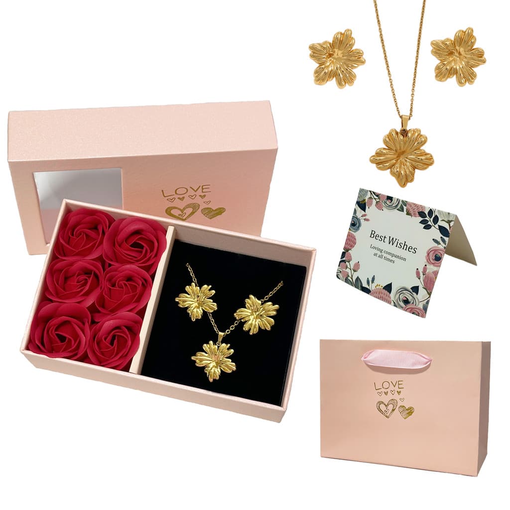 Kit colar brincos florais dourados brilhantes, joia feminina caixa rosas eternas, presente para datas especiais