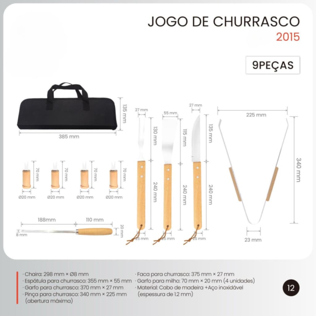 Kit Gourmet Churrasco Inox 9 Peças com Bolsa