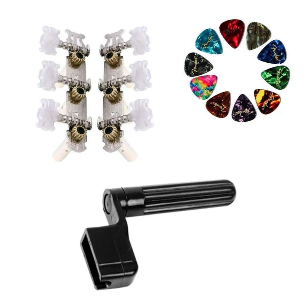 Kit Violão Nylon Tarraxas + Encordoamento Preto + Palhetas