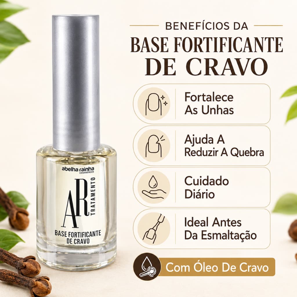 Base Fortalecedora Para Unhas Com Cravo Brilho Proteção E Resistência Abelha Rainha 9ml