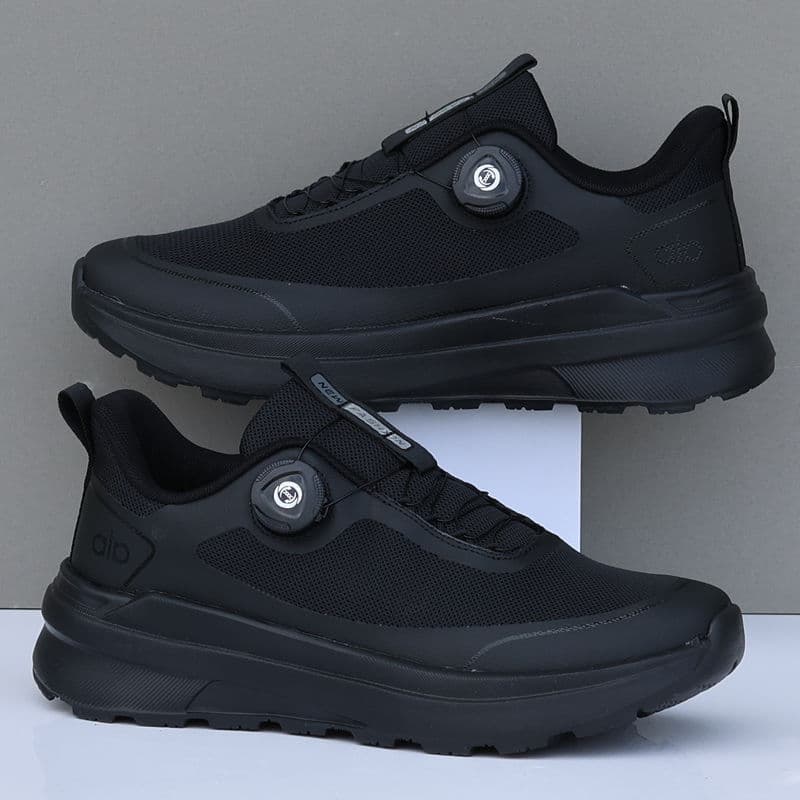 Sapatos masculinos de verão malha respirável botão tênis de sola grossa leve Casual tênis de corrida capa preta pé voand