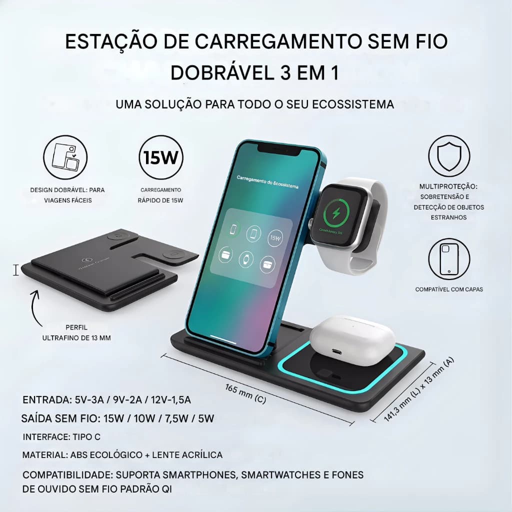 Base Recarregável 3 em 1 Magnética e Portátil: Carrega Celular, Relógio e Fone Bluetooth ao Mesmo Tempo