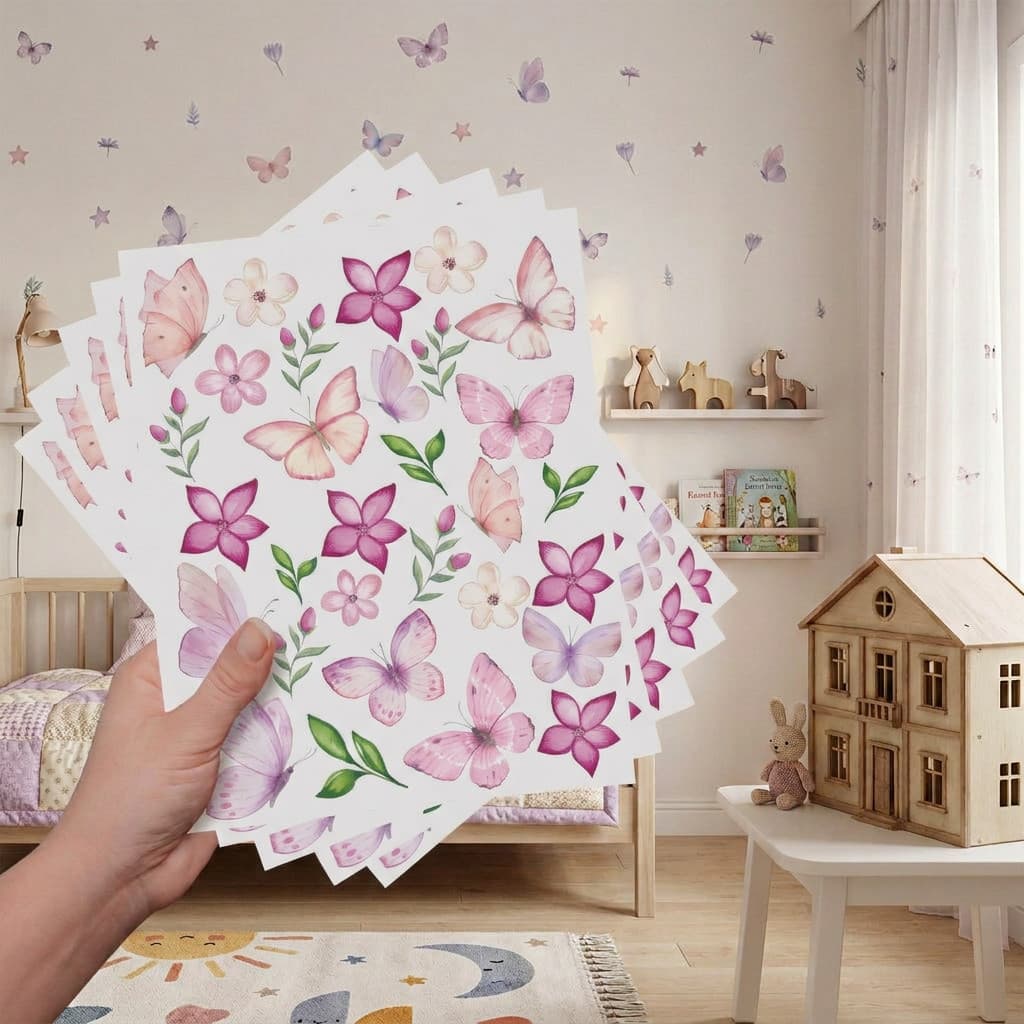 Adesivo de Parede 120 Borboletas e Flores Sem Fundo Decoração Delicada para Quarto Infantil Feminino