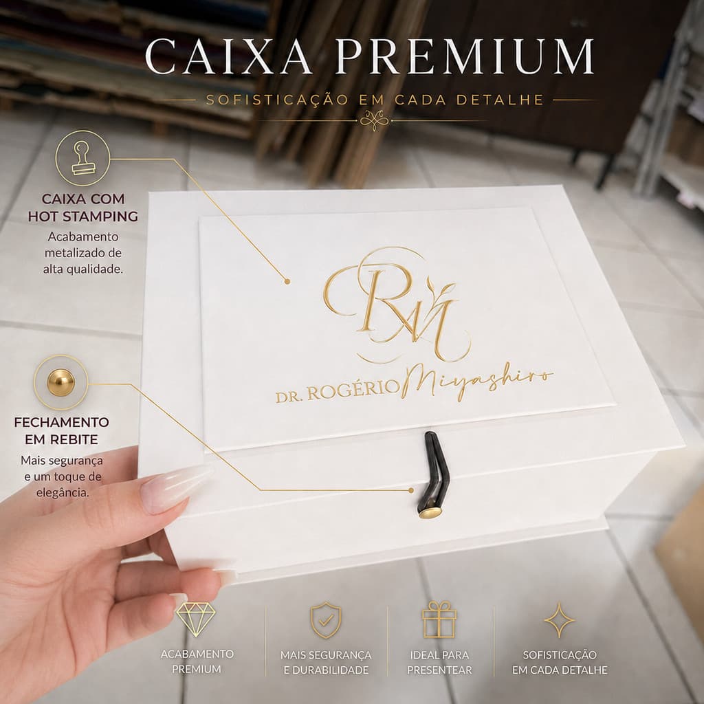 Caixa Cartonada Rígida 20x15x8 Personalizada fita cetim arrebite e Logo Metalizada Premium