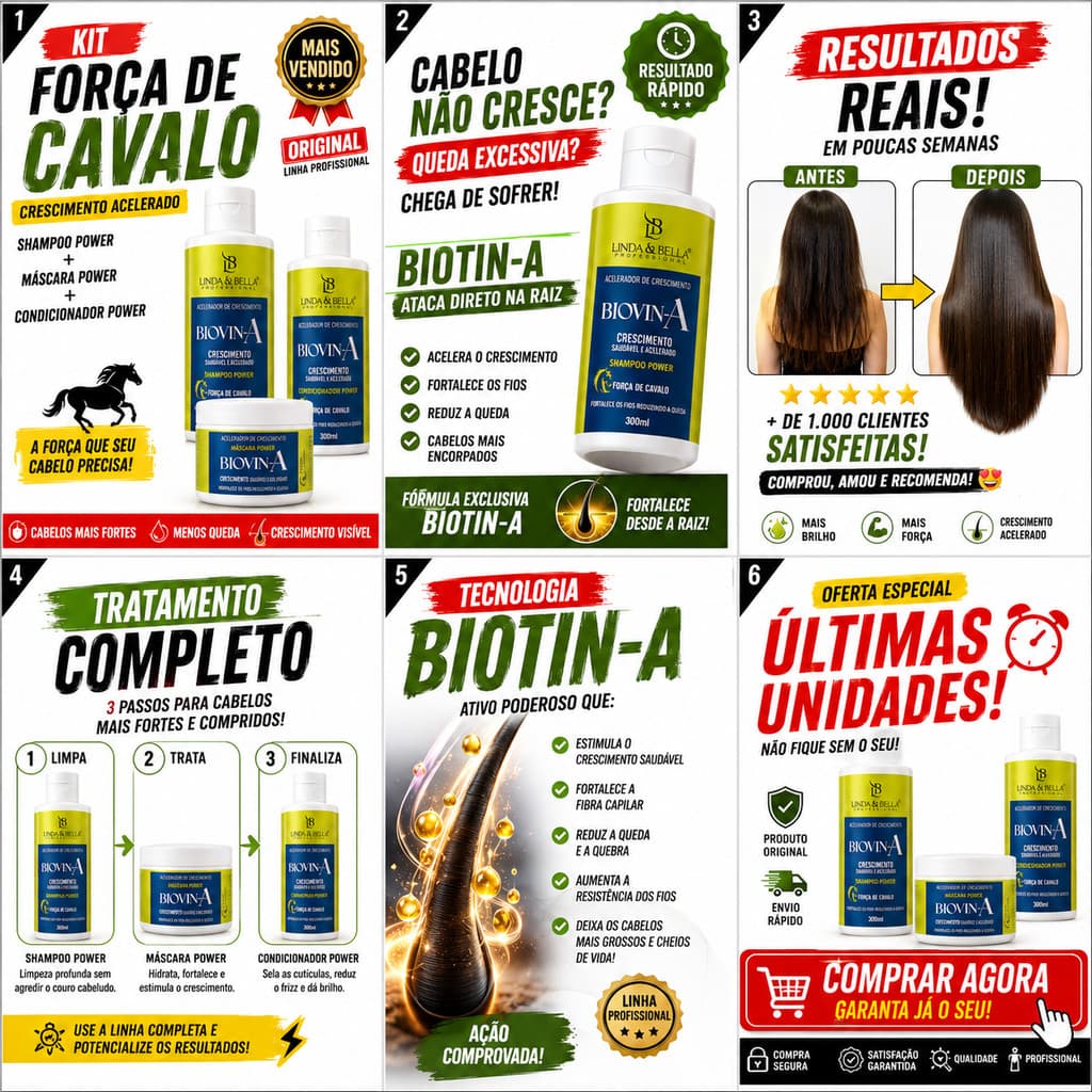 Kit Crescimento Capilar Biotin-A Força de Cavalo Linda E Bella Shampoo + Máscara + Condicionador