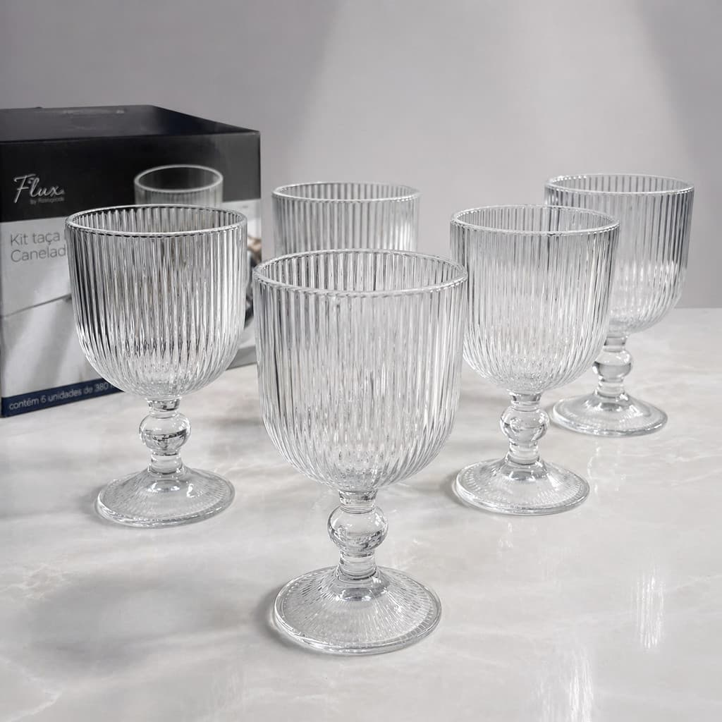 6 Taças Canelada Kit 6 Unidades De Vidro Transparente Detalhe 380 ml Luxo  Atemporal