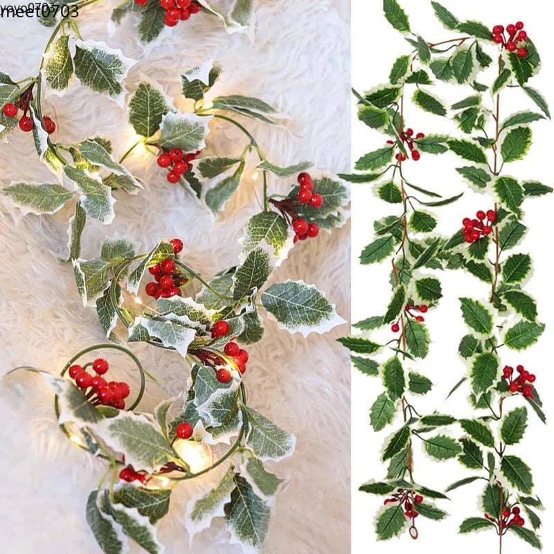[Com Luzes led De 3 M] Guirlanda De Natal Artificial De 2M De Corda De Folhas Bagas Vermelhas Ivy Vine Rattan Grinalda C