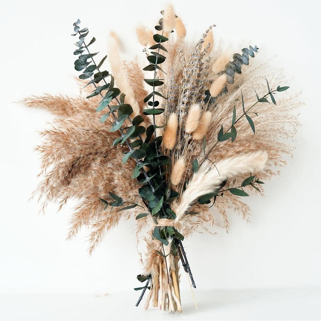 Buquê Boho de Capim-das-Pampas Verde – Arranjos Exquisitos de Flores Secas de Lavanda e Eucalipto para Decoração Boho Oc