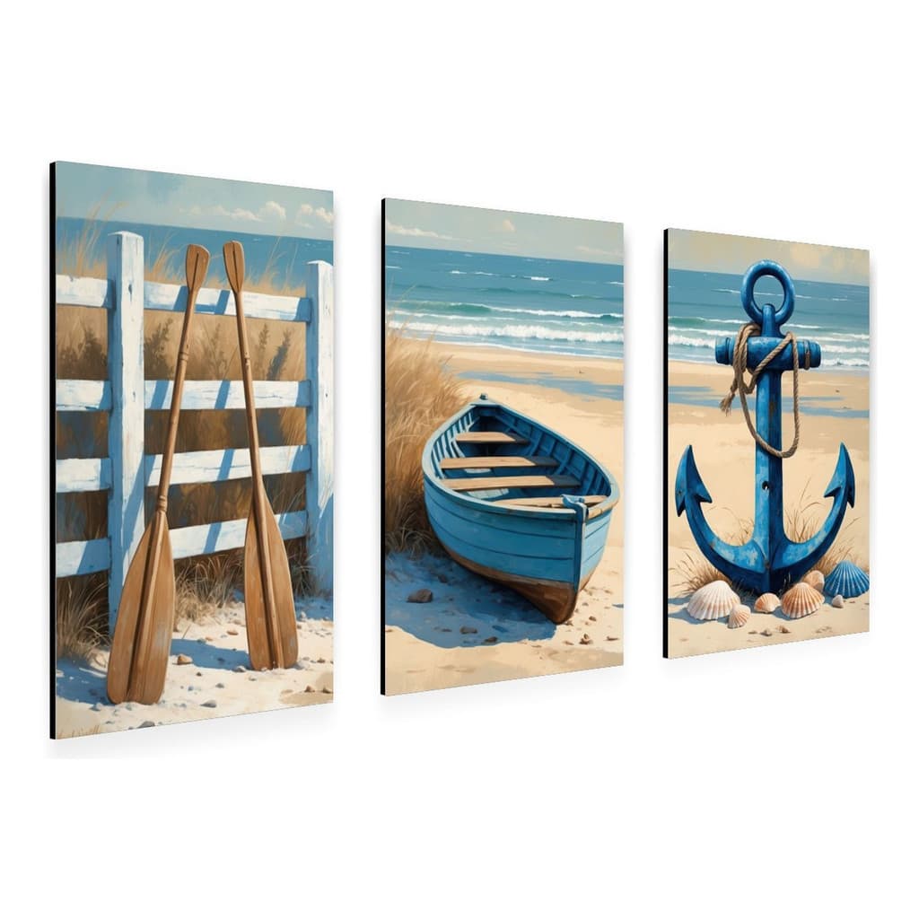 Quadros Decorativos Marítimo Trio Praia Barco Âncora Azul  PLACA MDF