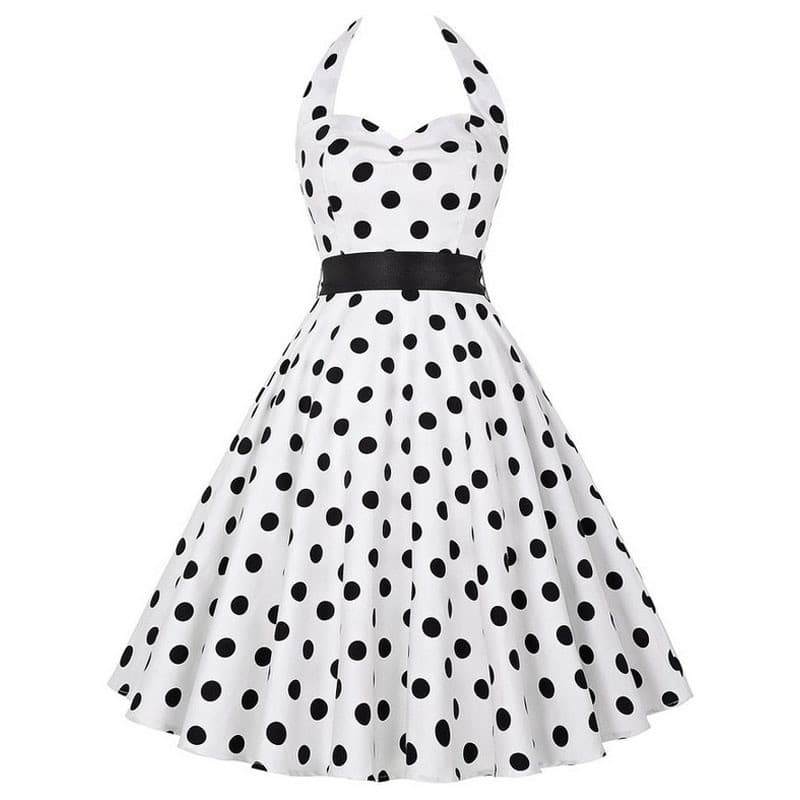 Vestido feminino vintage midi com estampa de bolinhas e decote halter (com cinto) NXYU