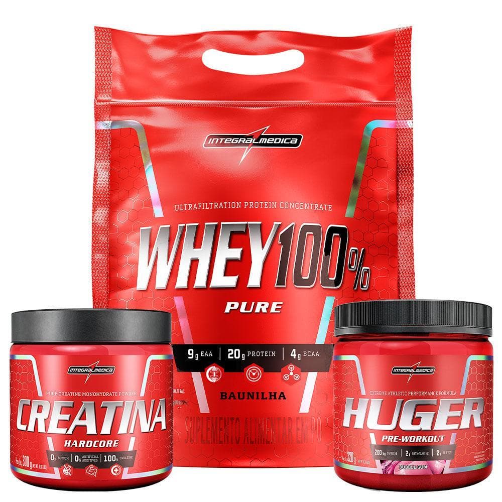 Kit Whey 100% 900g Pouch Baunilha + Creatina 100% Pura 300g + Huger 320g