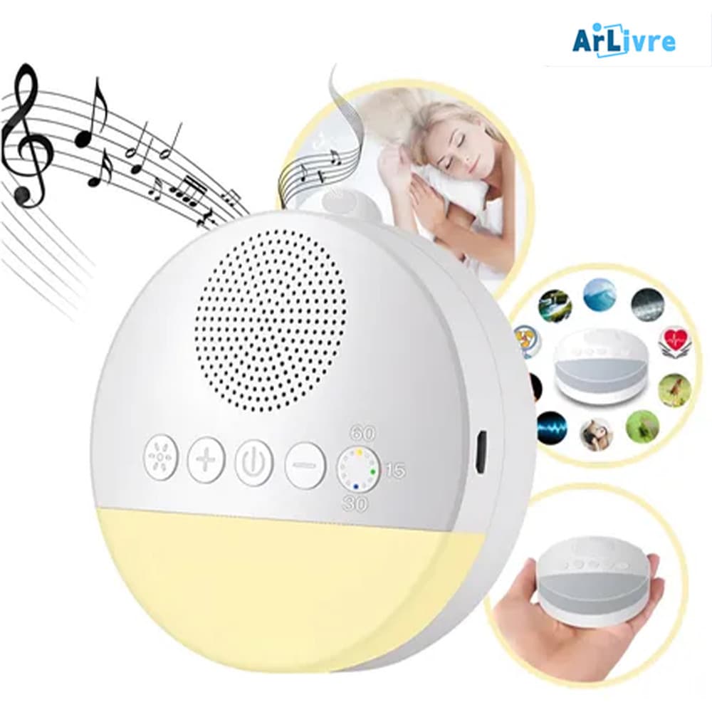 Música Relaxante com Luz Noturna Ajustável Máquina Som Branco Bebê Portátil Recarregável Berço