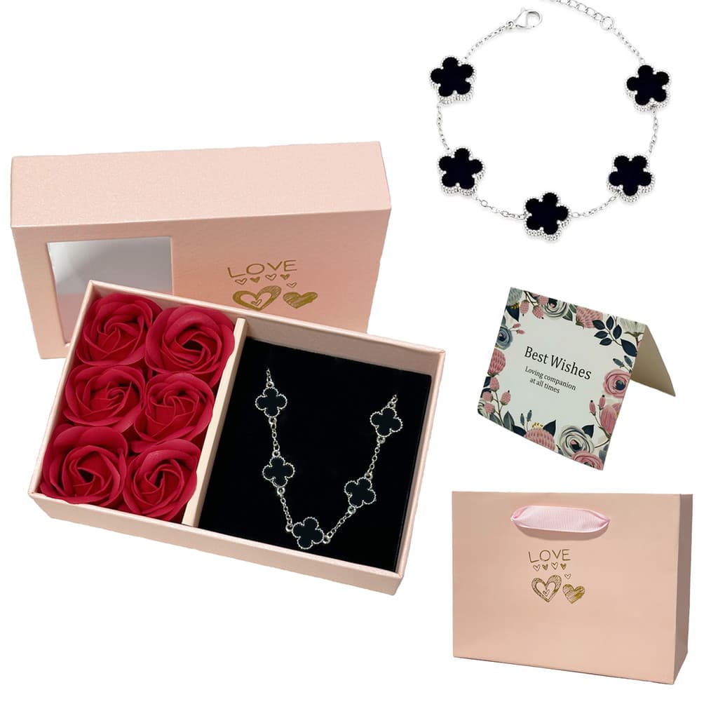 Pulseira Trevo Preto com Caixa Presente - Acessório Elegante Kit Presente Feminino Presente Pra Amiga