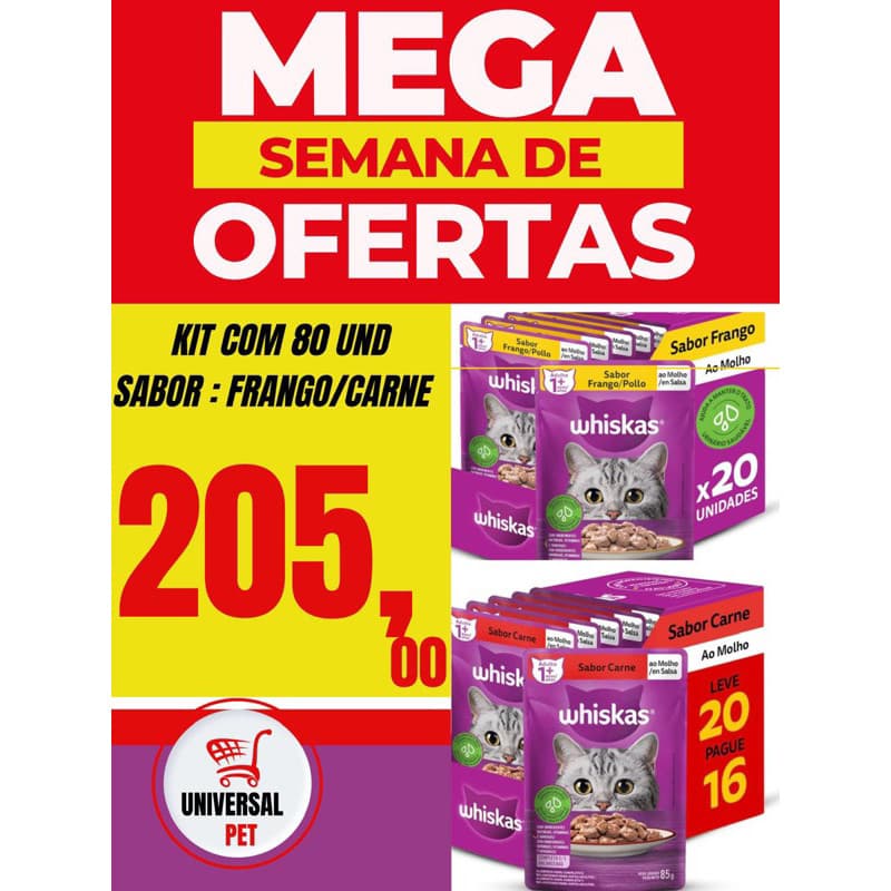 KIT 80 SACHÊS WHISKAS P/ GATOS ADULTOS CARNE/FRANGO