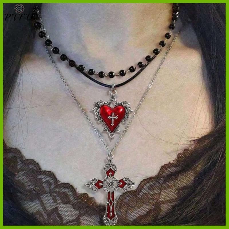 PTFU > Gótico Em Forma De Coração Cruz Pingente Colar Conjunto Feminino Estilo Punk Y2k Acessórios Jóias Personalizadas