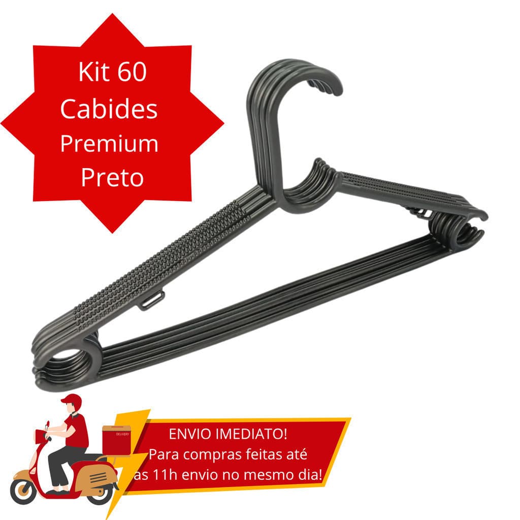 Kit 60 Cabides Adulto Premium Preto Antideslisante Resistente