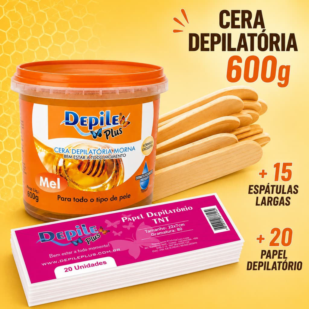 Kit Cera Depilatória Depile Plus 600g + 20 Papel Depilatório + 15 Espátulas de Madeira Depilação