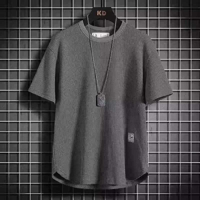 Vazamento colheita ~ Waffle em torno do pescoço fino manga curta camiseta masculina verão Casual solto pulôver Bottoming
