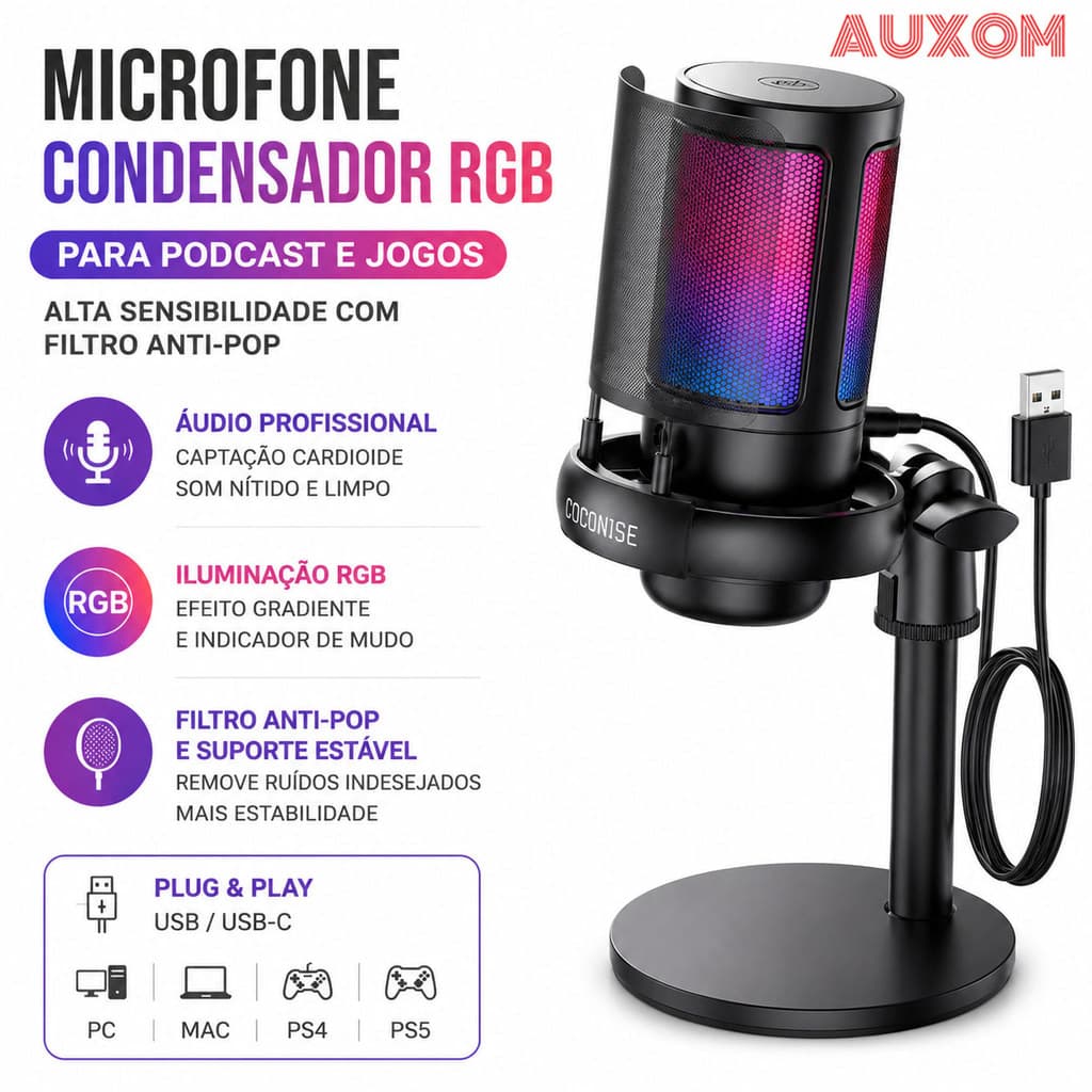 Microfone Condensador RGB para Podcast e Jogos - Alta Sensibilidade com Filtro Anti-Pop