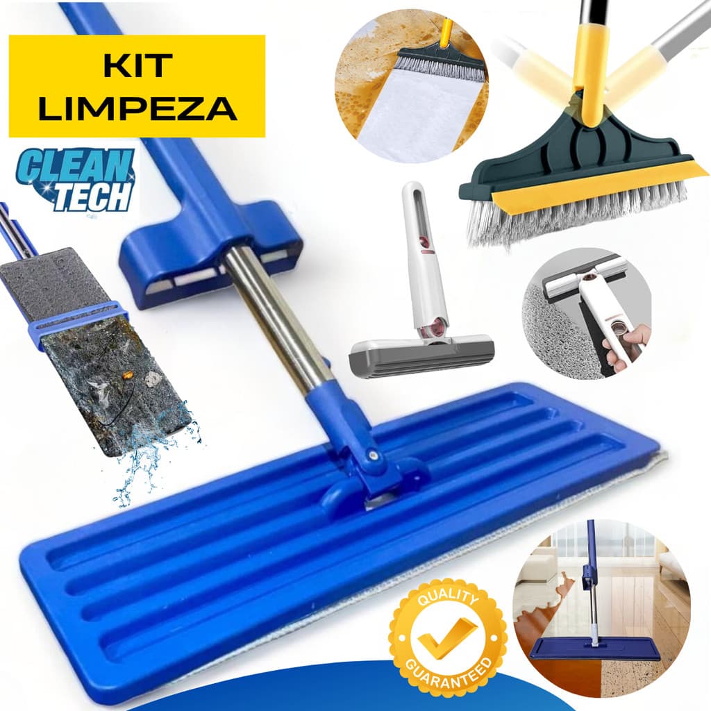 Kit Mop FLAT Giratório 360° + Escova Vassoura Rodo 2 em 1 + Mini Mop Limpeza Completa Casa