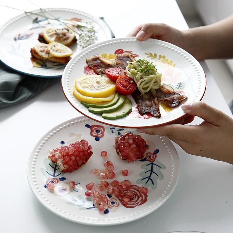 Prato doméstico de cerâmica, padrão criativo nórdico, exclusivo, fofo, bife de frutas, comida ocidental, prato de café d